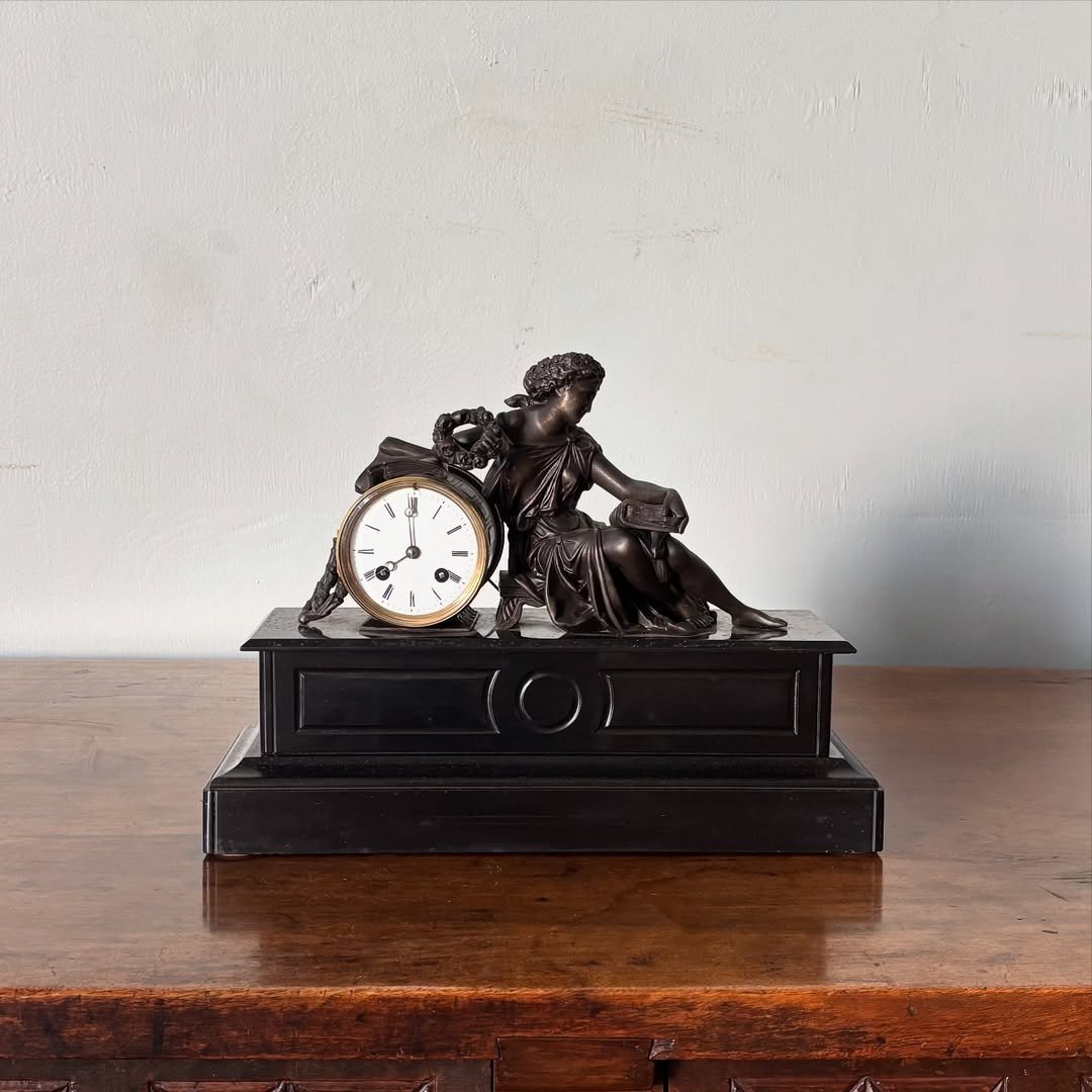 19th Century French bronze and black marble allegorical mantel clock